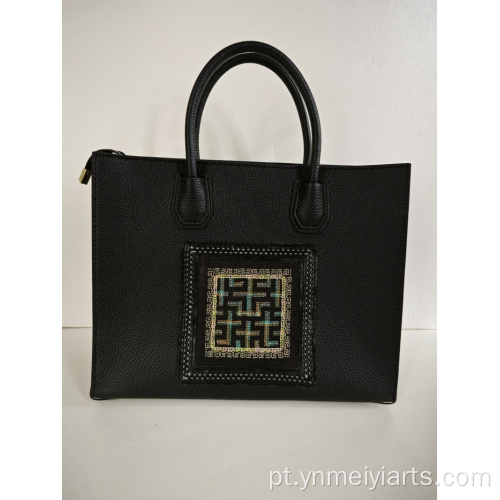 Pasta de negócios bordada de couro crossbody portátil